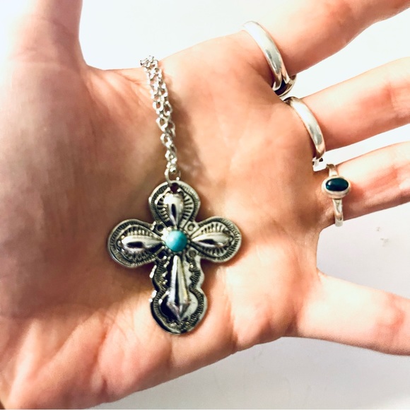 New Sterling Silver Handmade Natural Turquoise Religious Catholic Cross Necklace - Picture 14 of 14